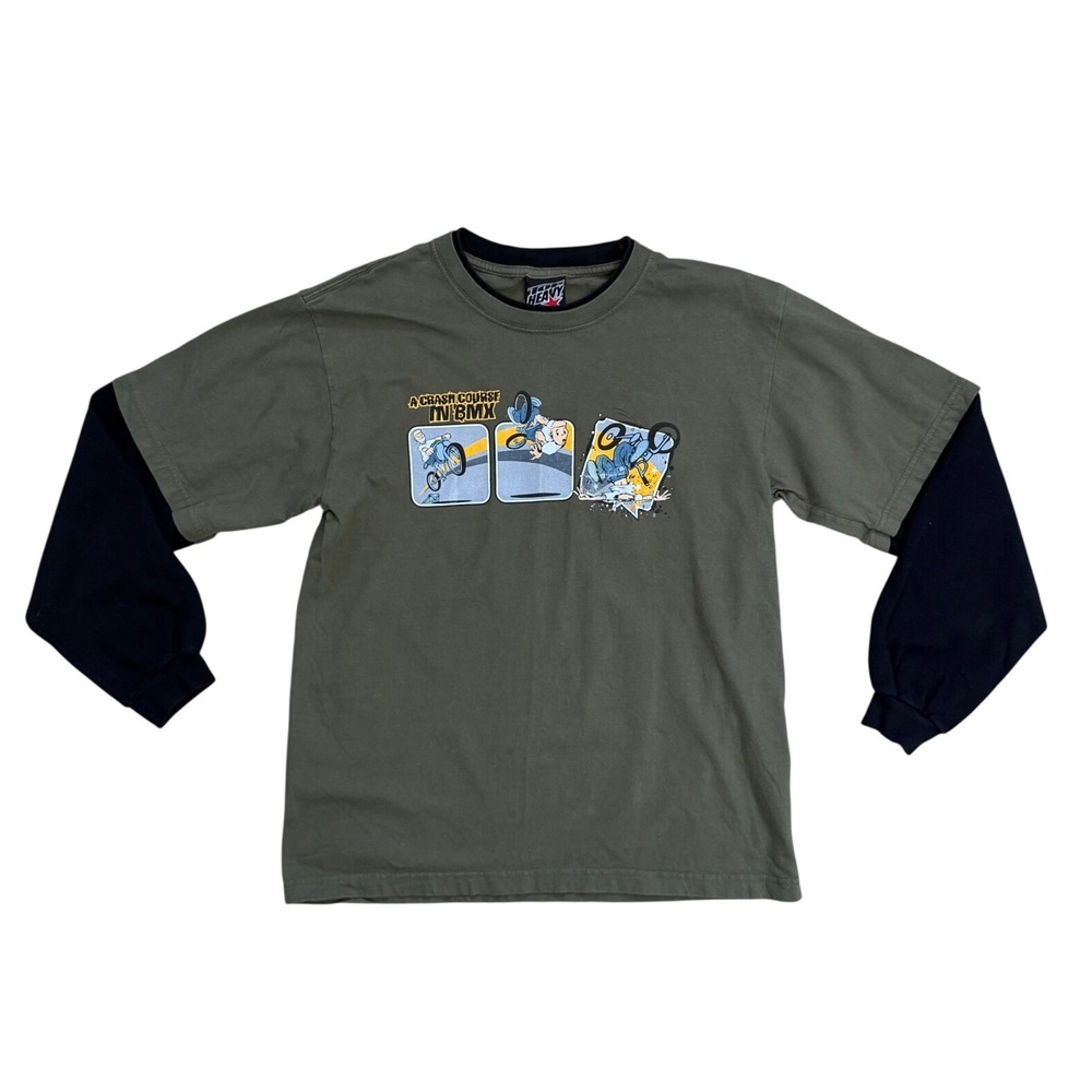 Vtg 2004 Top Heavy BMX Graphic Shirt XL Olive Green Y2K Skater Emo Long Sleeve